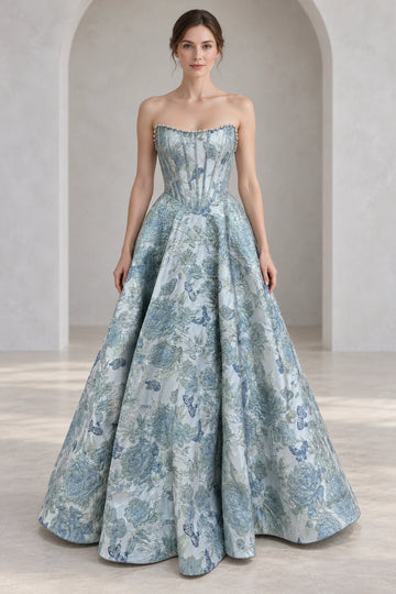 Dreamy Blue Floral Jacquard-Look Ball Gown Strapless Sleeveless Zip-Back Floor-Length Prom Dress