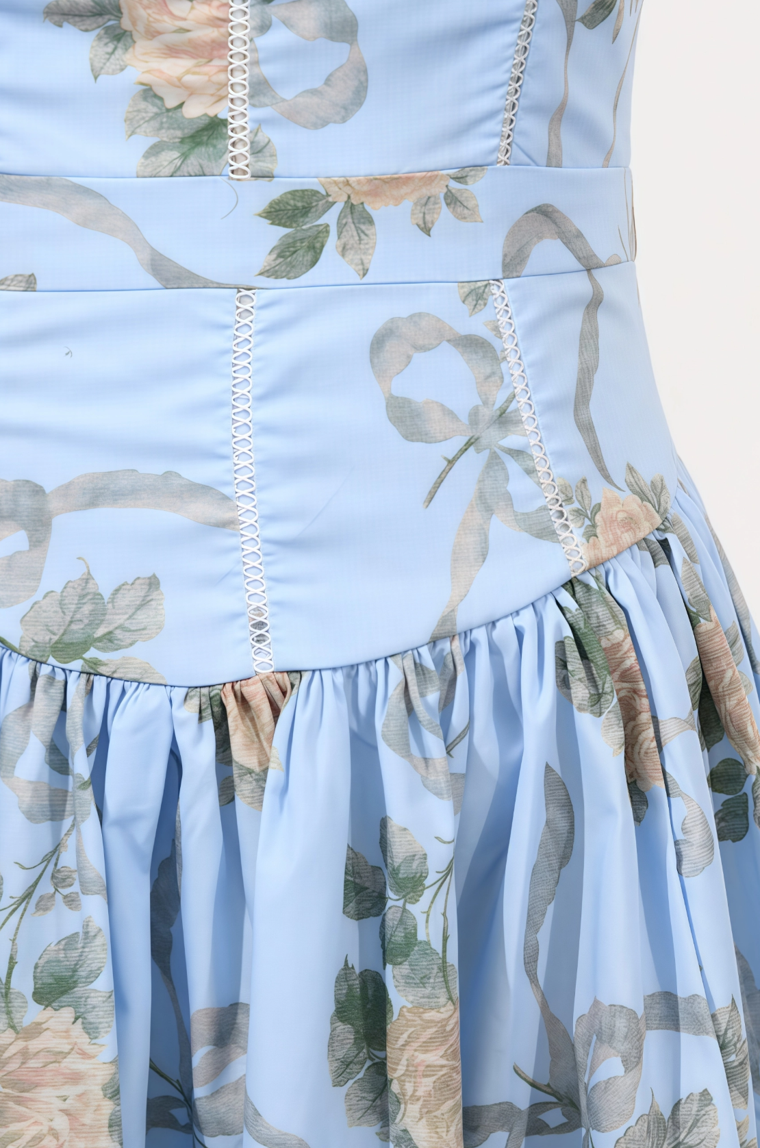 Romantic Light Blue A-Line Square Neck Sleeveless Floral Printed Midi Prom Dress