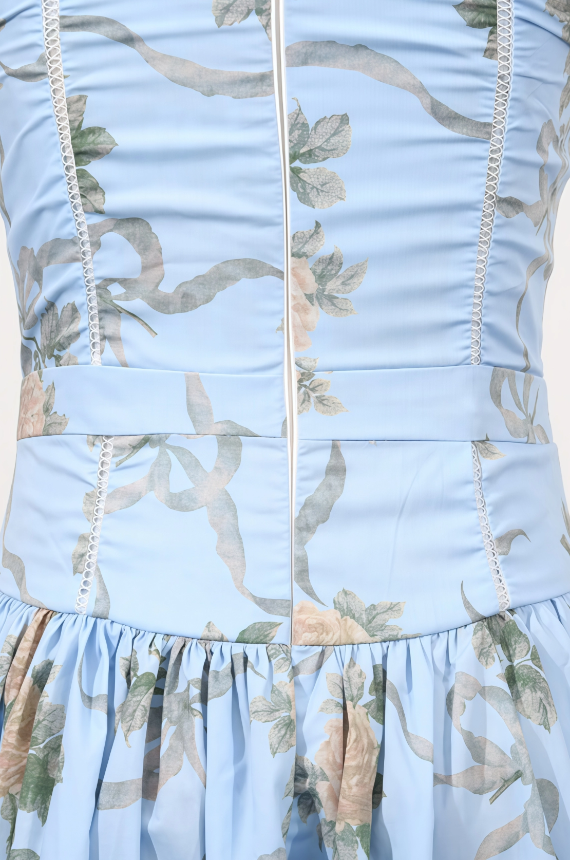 Romantic Light Blue A-Line Square Neck Sleeveless Floral Printed Midi Prom Dress