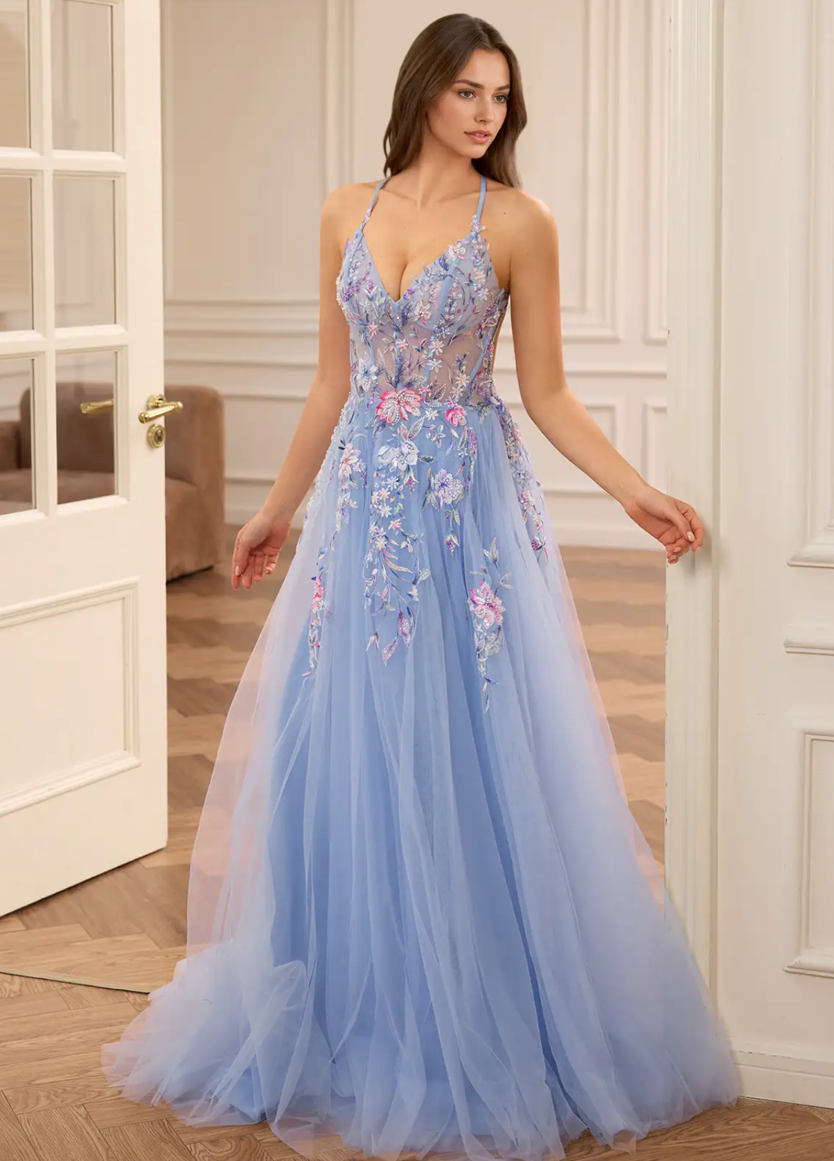 Vestido de fiesta con escote halter en V, corte princesa A, tul de lentejuelas, bordado con abalorios y corsé