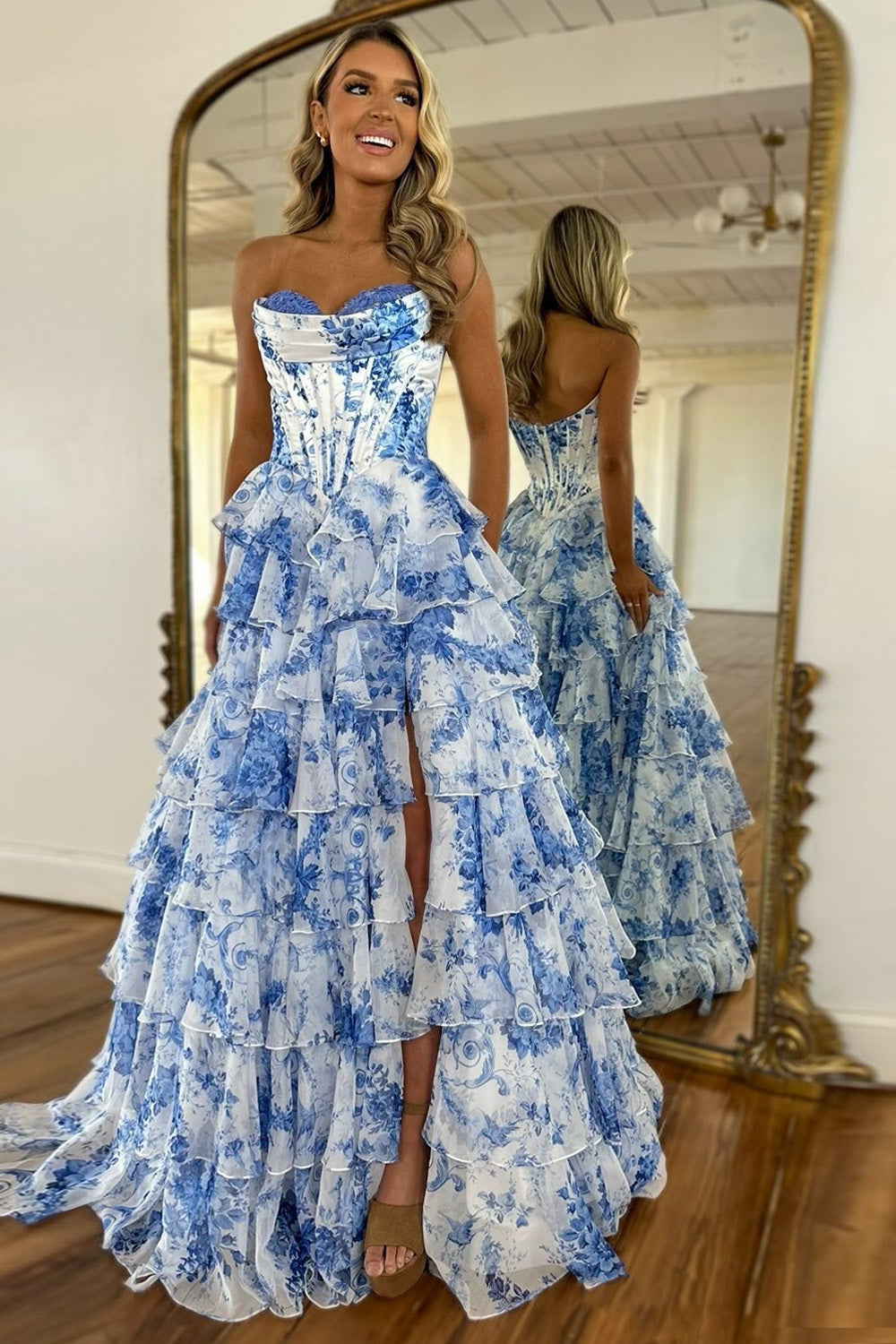 A-Line Floor Length Prom Dresses Elegant Floral Princess Sleeveless Strapless Evening Party Chiffon with Floral Print