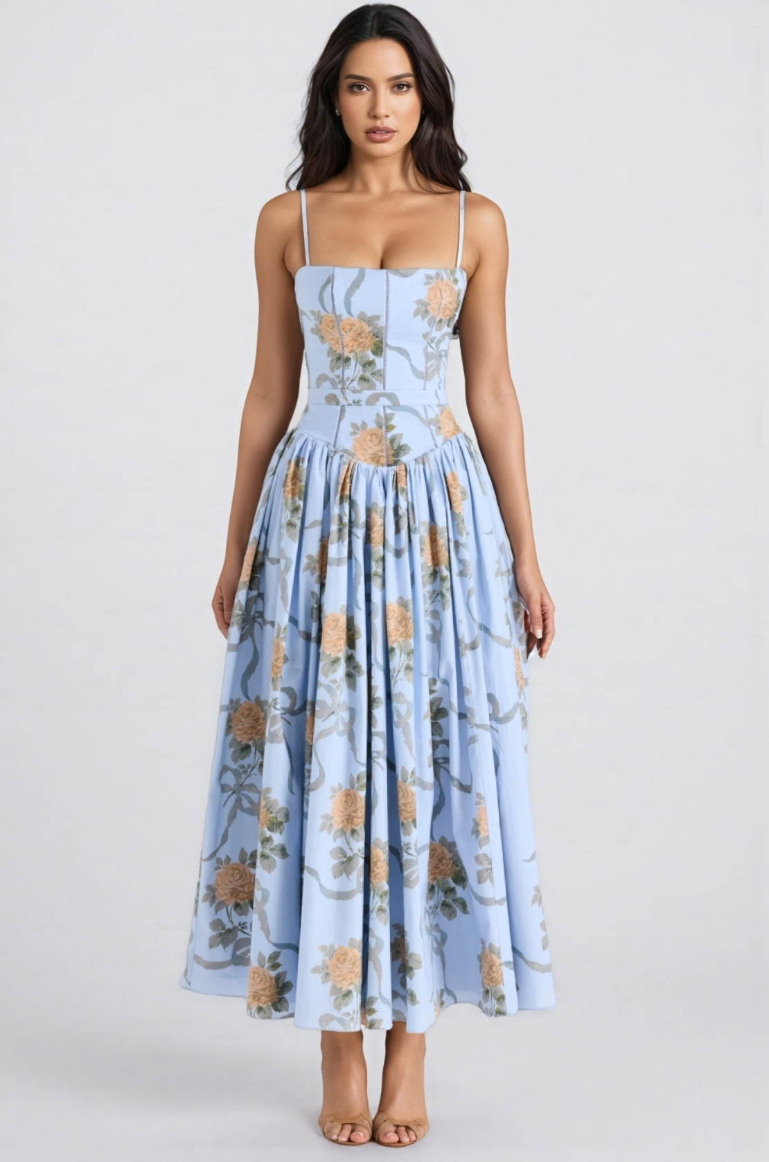 Light blue floral A-line midi dress with square neckline, spaghetti straps, structured bodice, and gathered skirt by VEDRESS