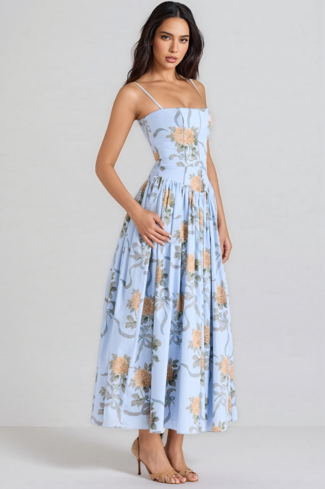 Romantic Light Blue A-Line Square Neck Sleeveless Floral Printed Midi Prom Dress