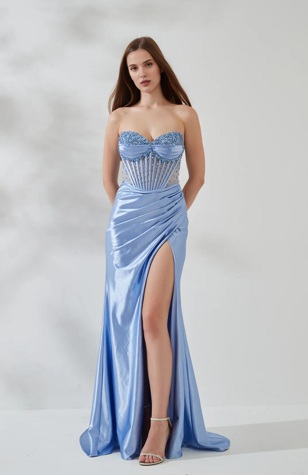 Elegant Mermaid Strapless Sweetheart Beaded Floor-Length Evening Gown Formal Satin Split Party Dress