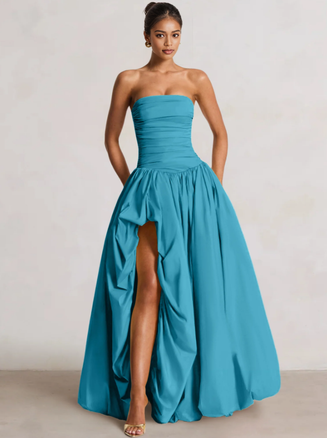 A-Line Ball Gown Strapless Ruched Side Split With Pleats&Back Lace-Up Wedding Guest Dresses