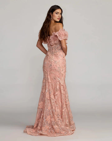 Blush embellished mermaid evening dress with floral off shoulder details and floor length skirt back view