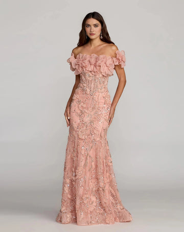 Blush off shoulder mermaid evening dress with floral neckline and sparkling embellishments front view