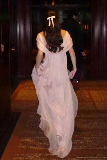 Blush pink floor length bridesmaid dress with elegant draped back by Vedress