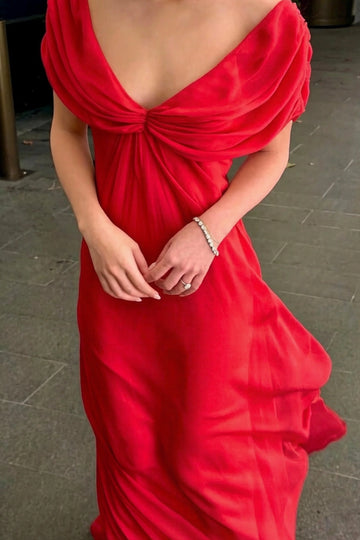 Romantic A-Line V Neck Off Shoulder Draped Back Floor Length Bridesmaid Dress