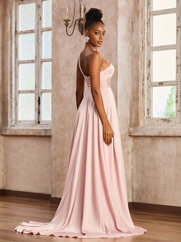 Blush pink A-line prom dress with one-shoulder strap and zipper back