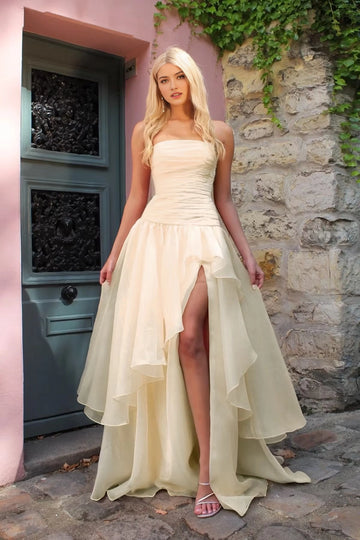 Dreamy A-Line Strapless Straight Neck Sleeveless Open Back Floor-Length Prom Dress