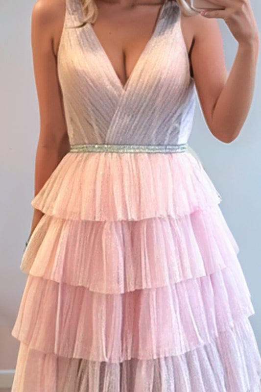 Elegant A-Line Princess V-Neck Tiered Tulle Evening Gown Sleeveless Floor-Length Prom Dress with Shimmer Waistband