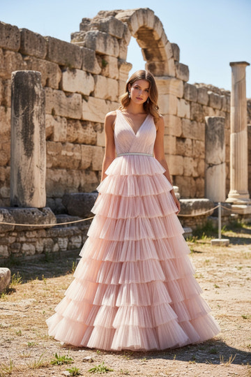 Elegante Vestido de Noche de Gala Largo hasta el Suelo con Falda en A, Cuello en V, Tul en Capas y Cintura Brillante