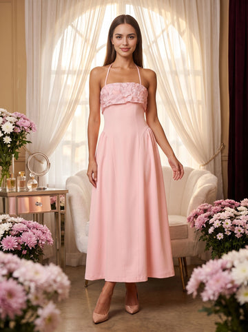 Blush pink a‑line midi wedding guest dress halter neck sleeveless 3d floral lace bodice tie‑back hidden zipper elegant formal gown by Vedress
