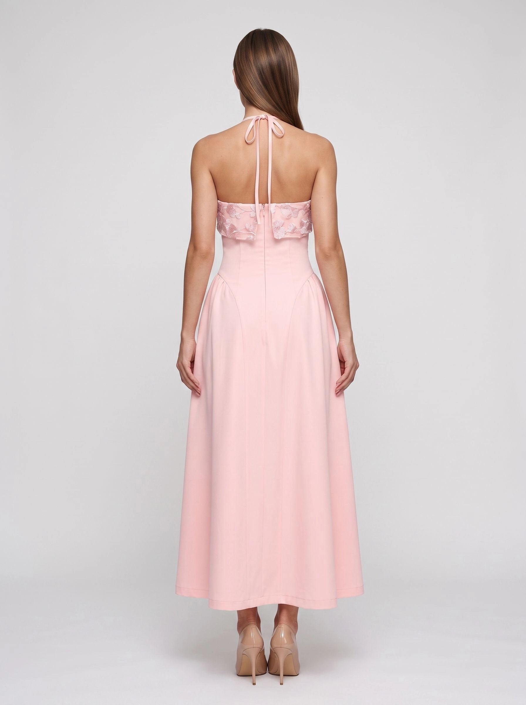 Blush pink a‑line midi wedding guest dress halter neck sleeveless 3d floral lace bodice tie‑back hidden zipper elegant formal gown by Vedress