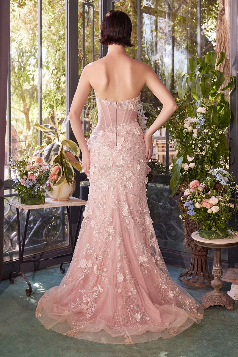 Vestido de noche sirena sin tirantes con bordados florales en 3D y abertura alta - Elegante vestido de gala para fiesta de graduación