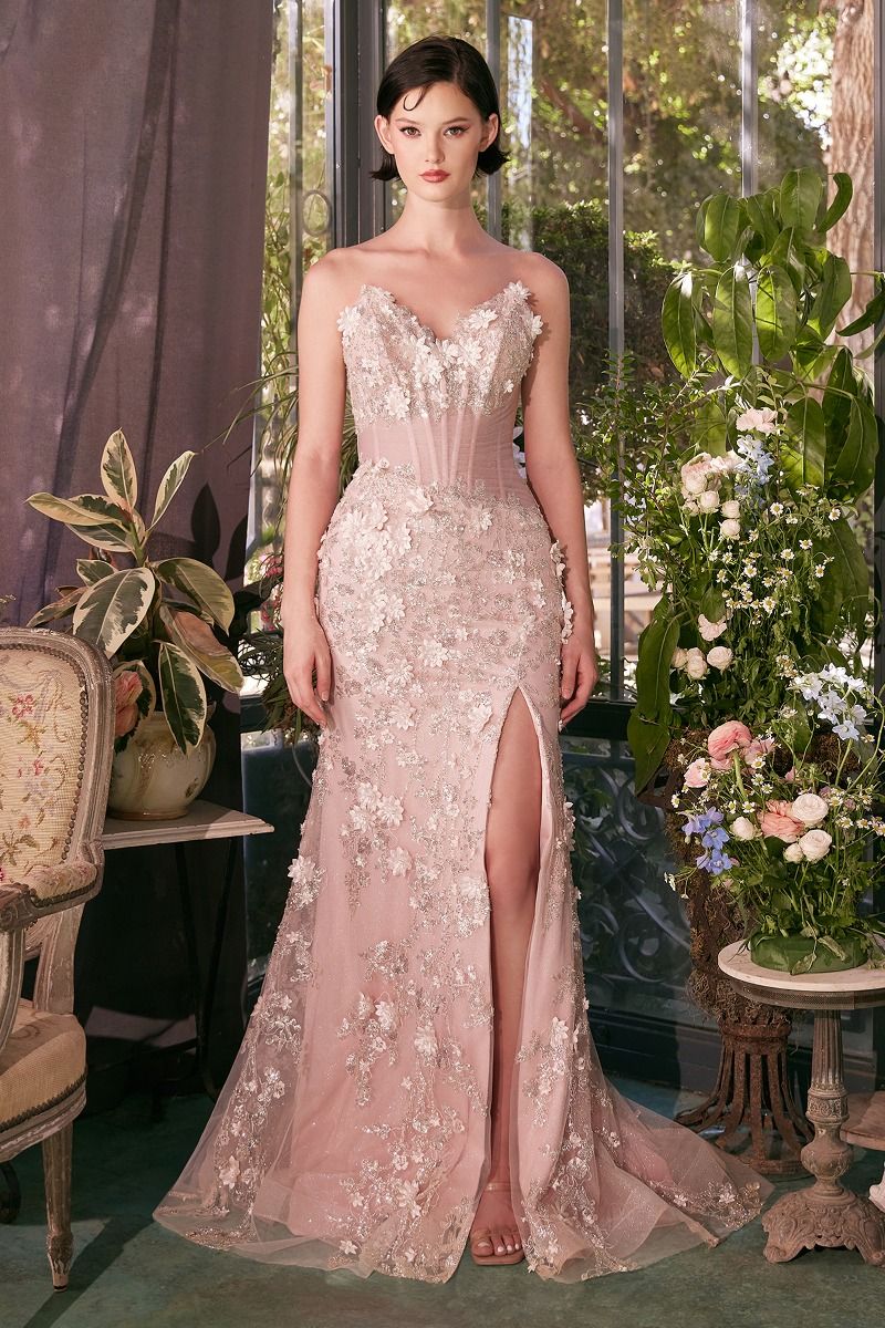 Vestido de noche sirena sin tirantes con bordados florales en 3D y abertura alta - Elegante vestido de gala para fiesta de graduación
