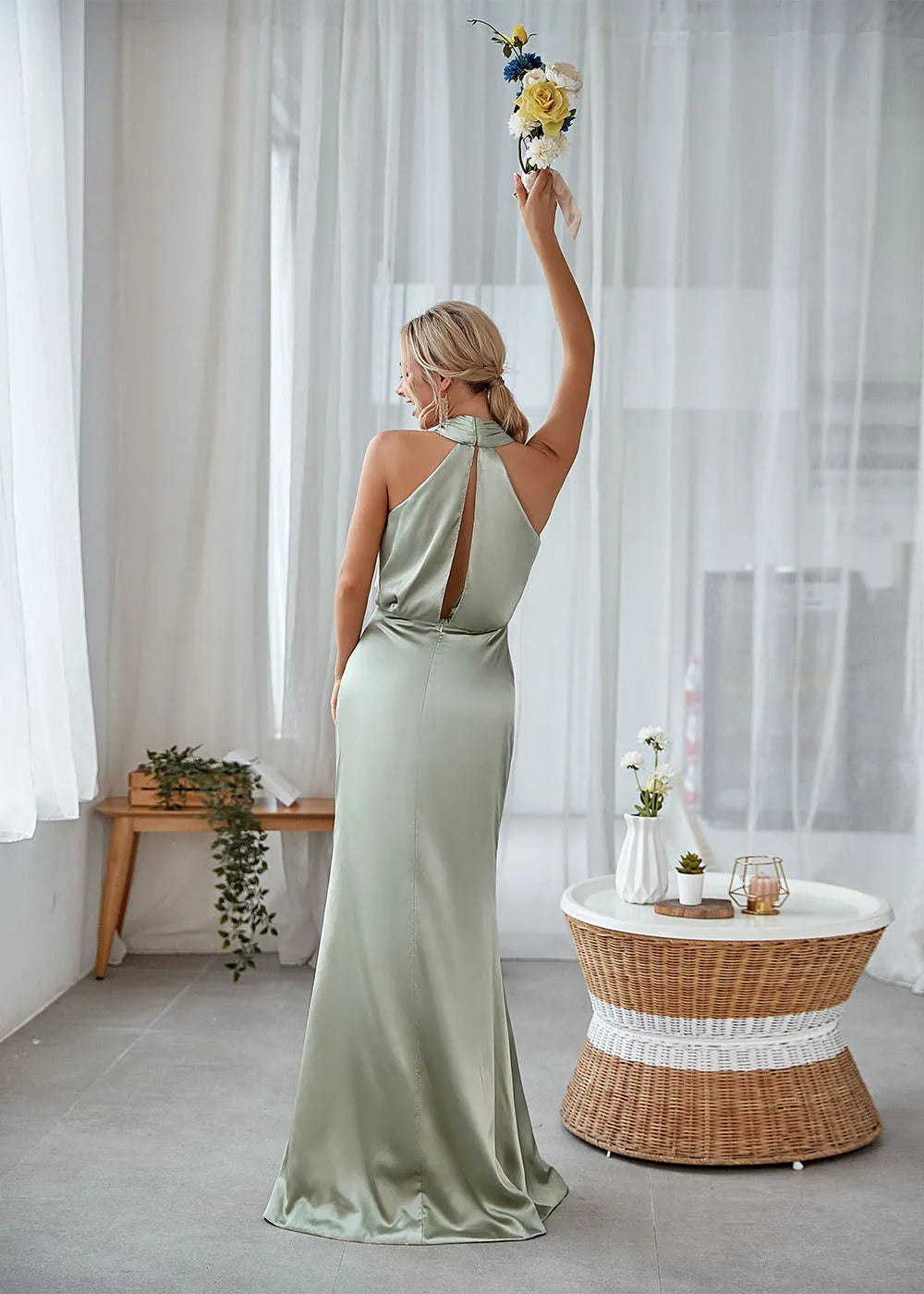 Halter Twist Neck Satin Mermaid Bridesmaid Dress with Open Keyhole Back
