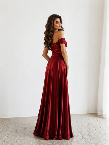 legant A-Line Sweetheart Off-Shoulder Short Sleeve Satin Ruched High Slit Prom Dress