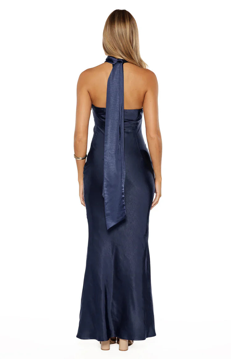 Elegant Bodycon Halter Neck Satin Backless Maxi Gown Bridesmaids Dress