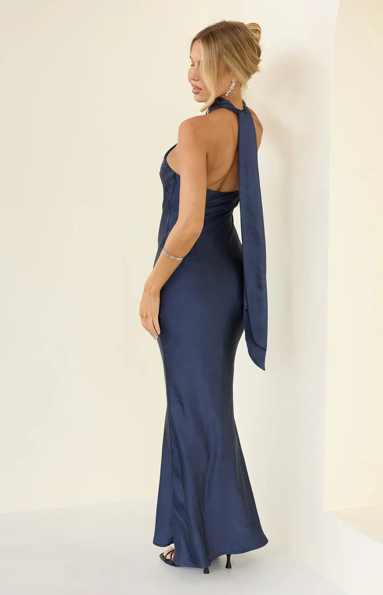 Elegant Bodycon Halter Neck Satin Backless Maxi Gown Bridesmaids Dress