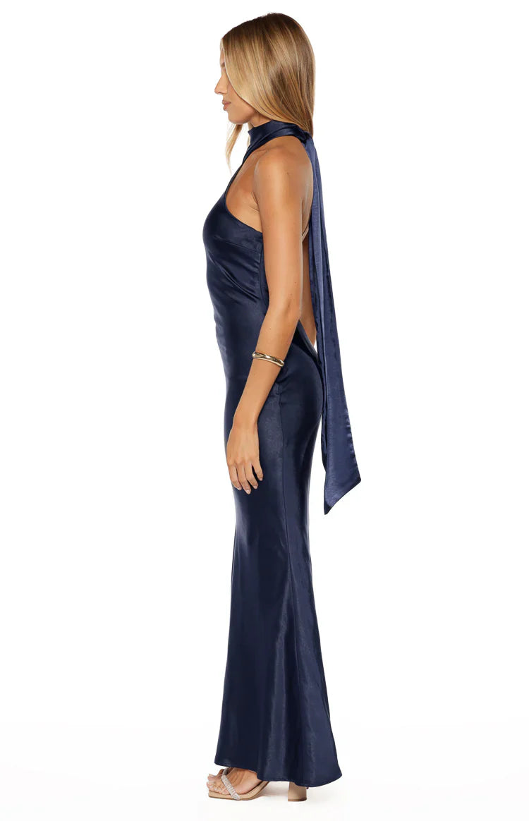 Elegant Bodycon Halter Neck Satin Backless Maxi Gown Bridesmaids Dress