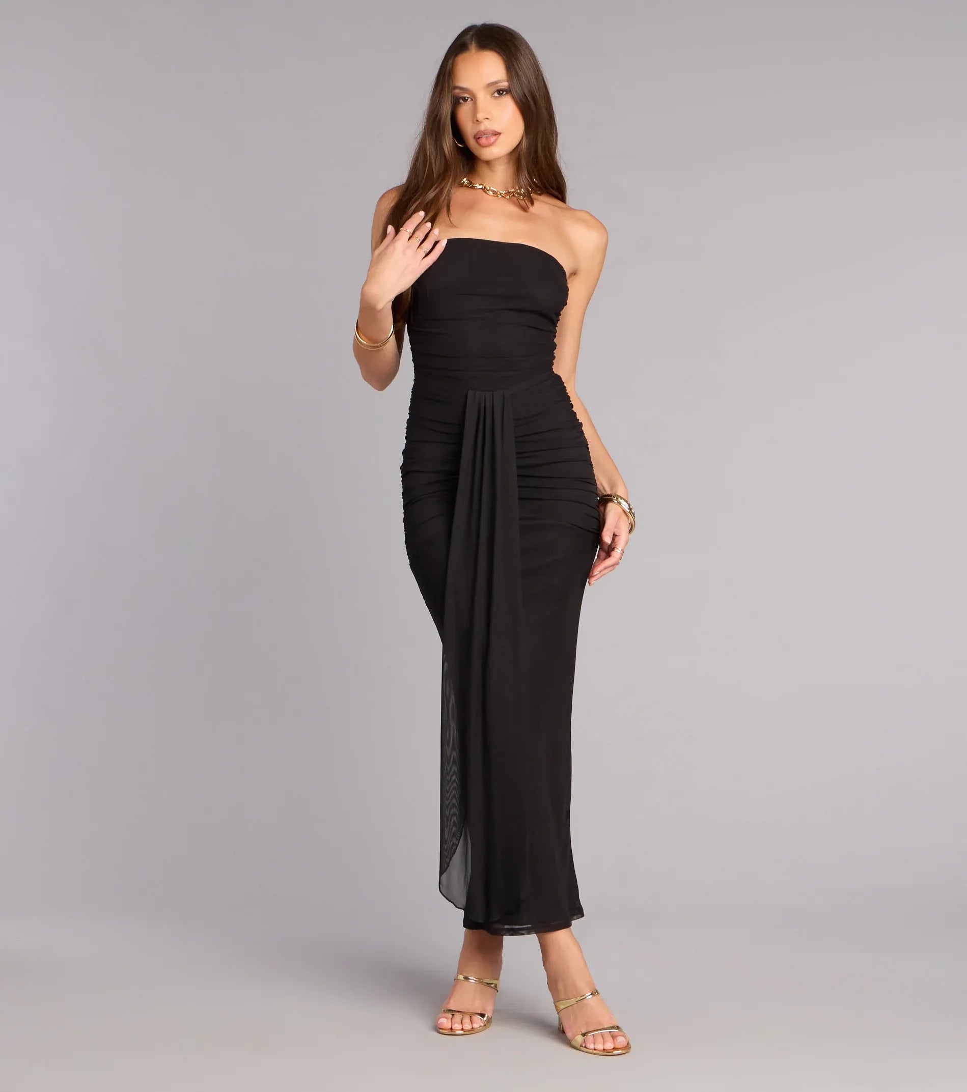 Bodycon Curve Strapless Mesh Draped Formal Maxi Evening Dress