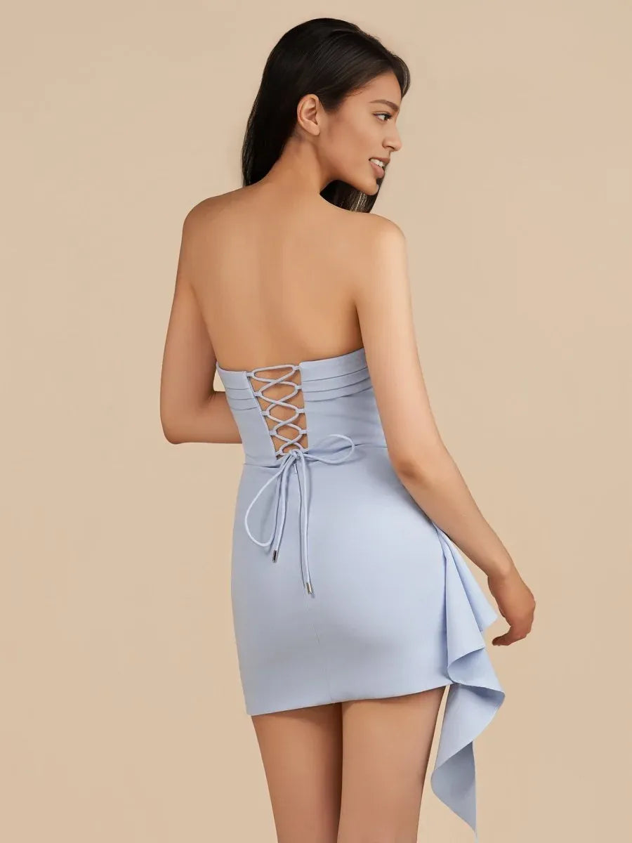 Vestido de Fiesta y Cóctel Mini de Spandex Fruncido con Volantes sin Tirantes Ajustado al Cuerpo