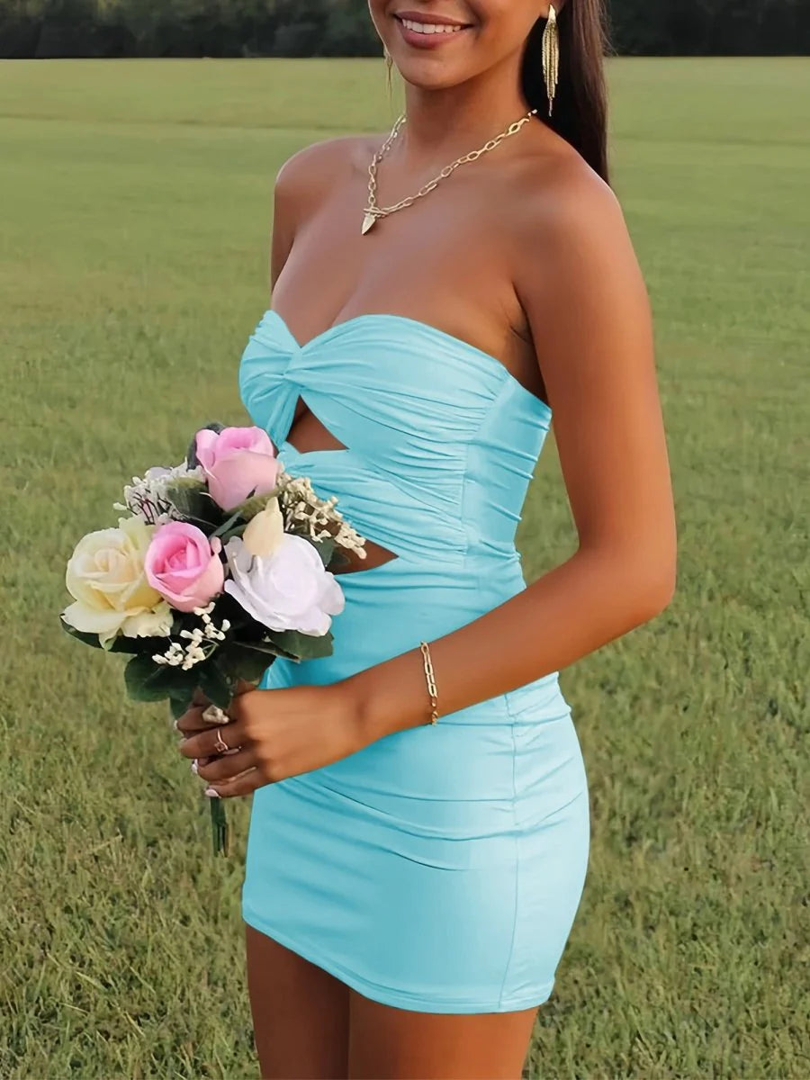 Minivestido de fiesta fruncido con escote corazón y aberturas, tipo bodycon, para regreso a casa