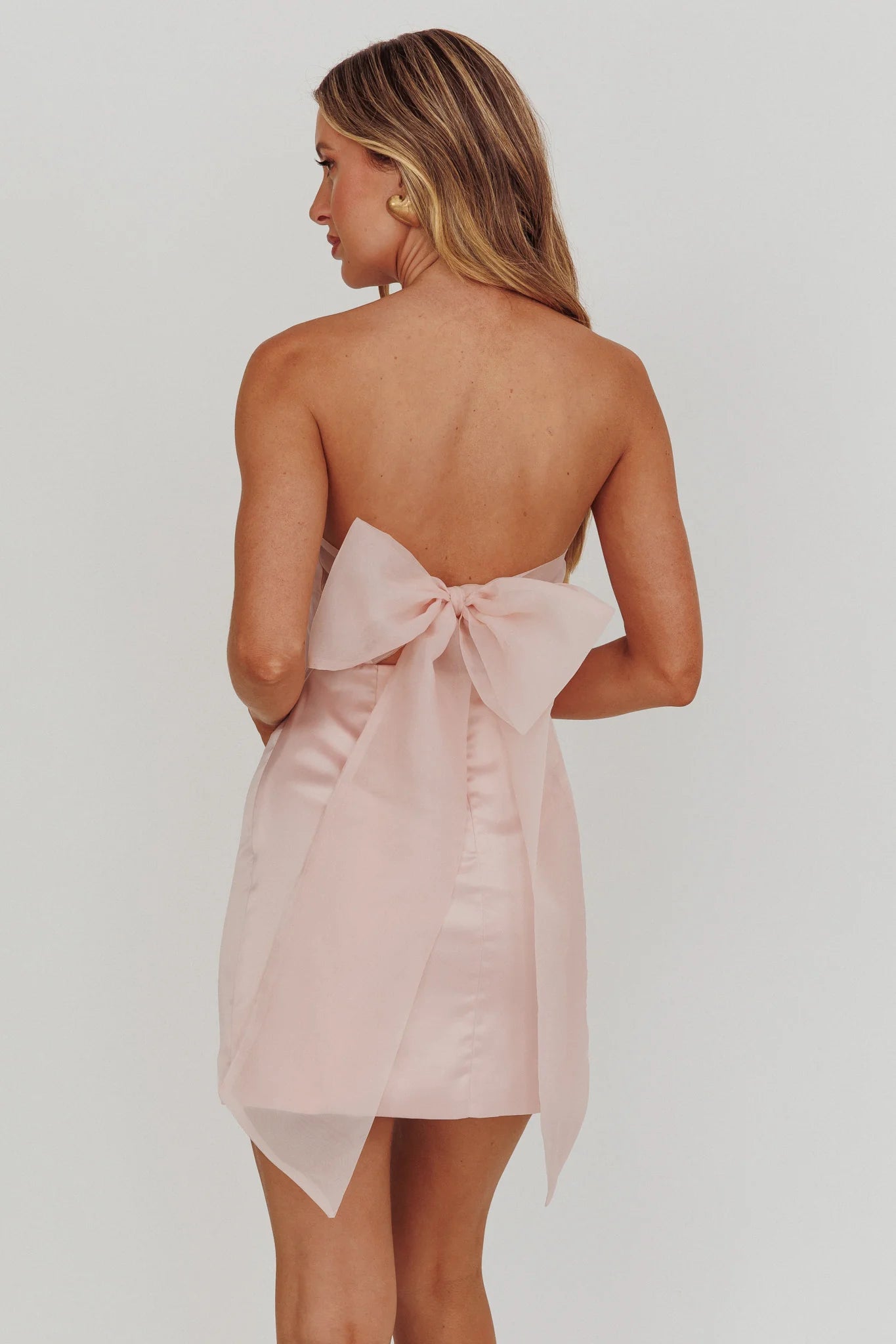 Bow Back Strapless Satin Cocktail Dress Mini Party Dress With Front Slit