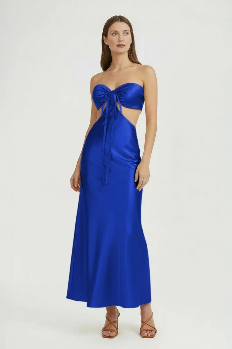 Chic Sheath Strapless Sleeveless Satin Bow Cutout Wedding Guest Dress  Formal Dresses
