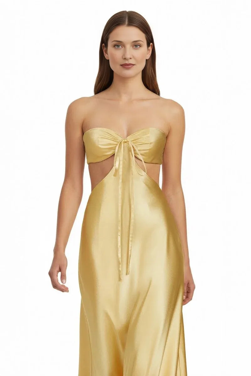 Chic Sheath Strapless Sleeveless Satin Bow Cutout Wedding Guest Dress  Formal Dresses