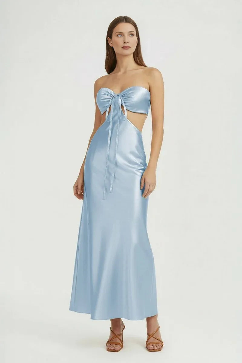 Chic Sheath Strapless Sleeveless Satin Bow Cutout Wedding Guest Dress  Formal Dresses