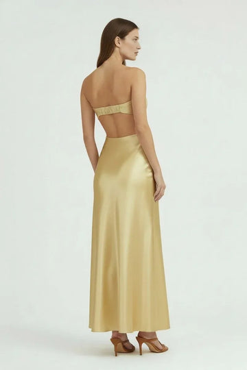 Open-back strapless satin formal dress with bandeau bodice, side cutouts, and elegant maxi skirt for special occasions