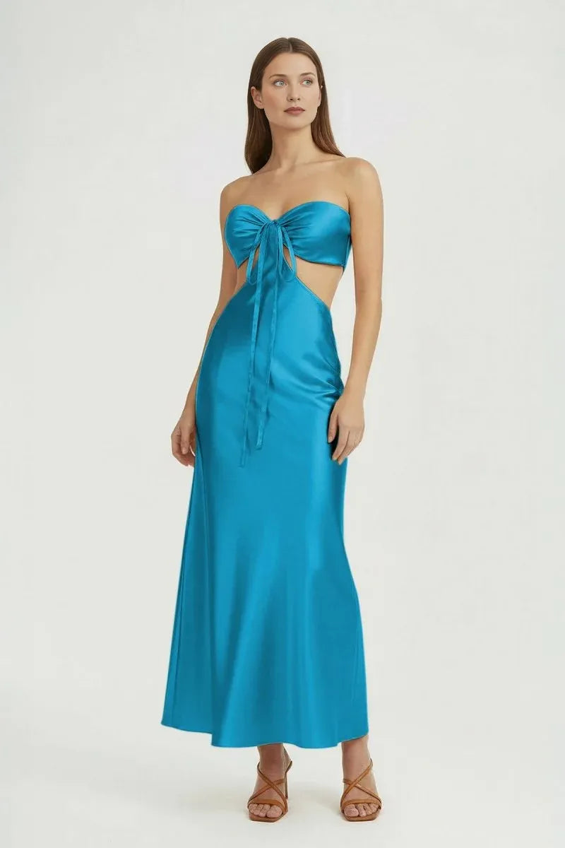 Chic Sheath Strapless Sleeveless Satin Bow Cutout Wedding Guest Dress  Formal Dresses
