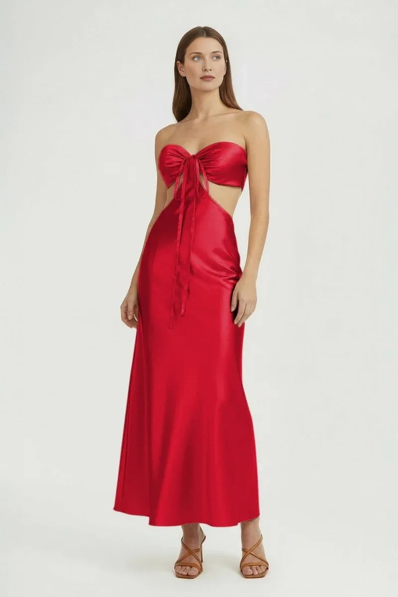 Chic Sheath Strapless Sleeveless Satin Bow Cutout Wedding Guest Dress  Formal Dresses