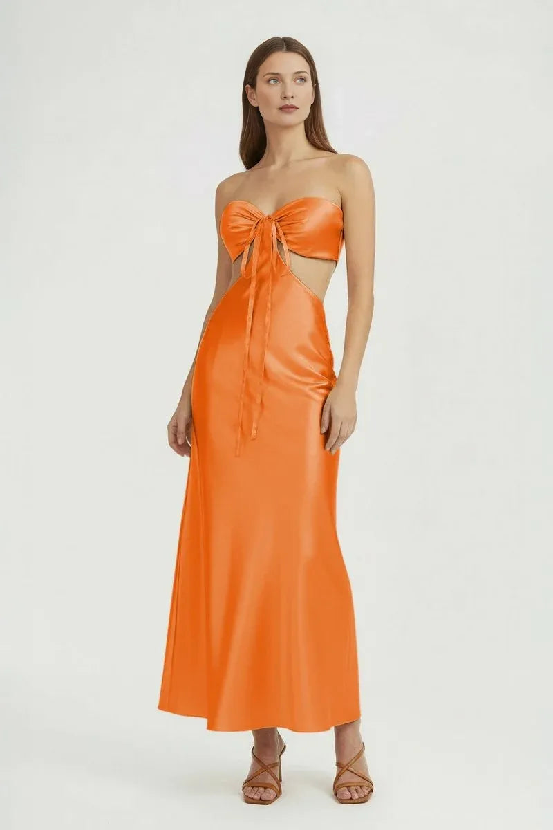 Chic Sheath Strapless Sleeveless Satin Bow Cutout Wedding Guest Dress  Formal Dresses
