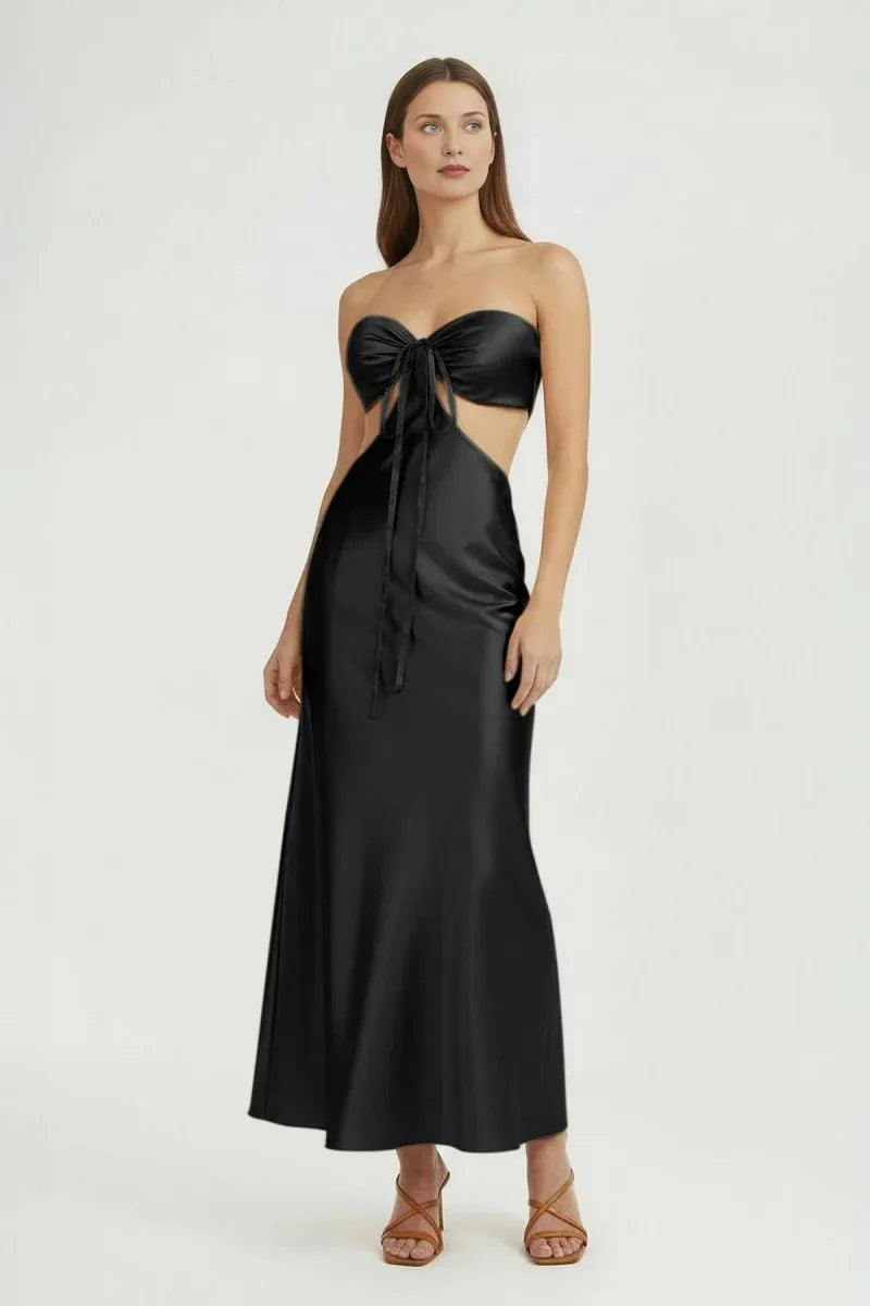 Chic Sheath Strapless Sleeveless Satin Bow Cutout Wedding Guest Dress  Formal Dresses
