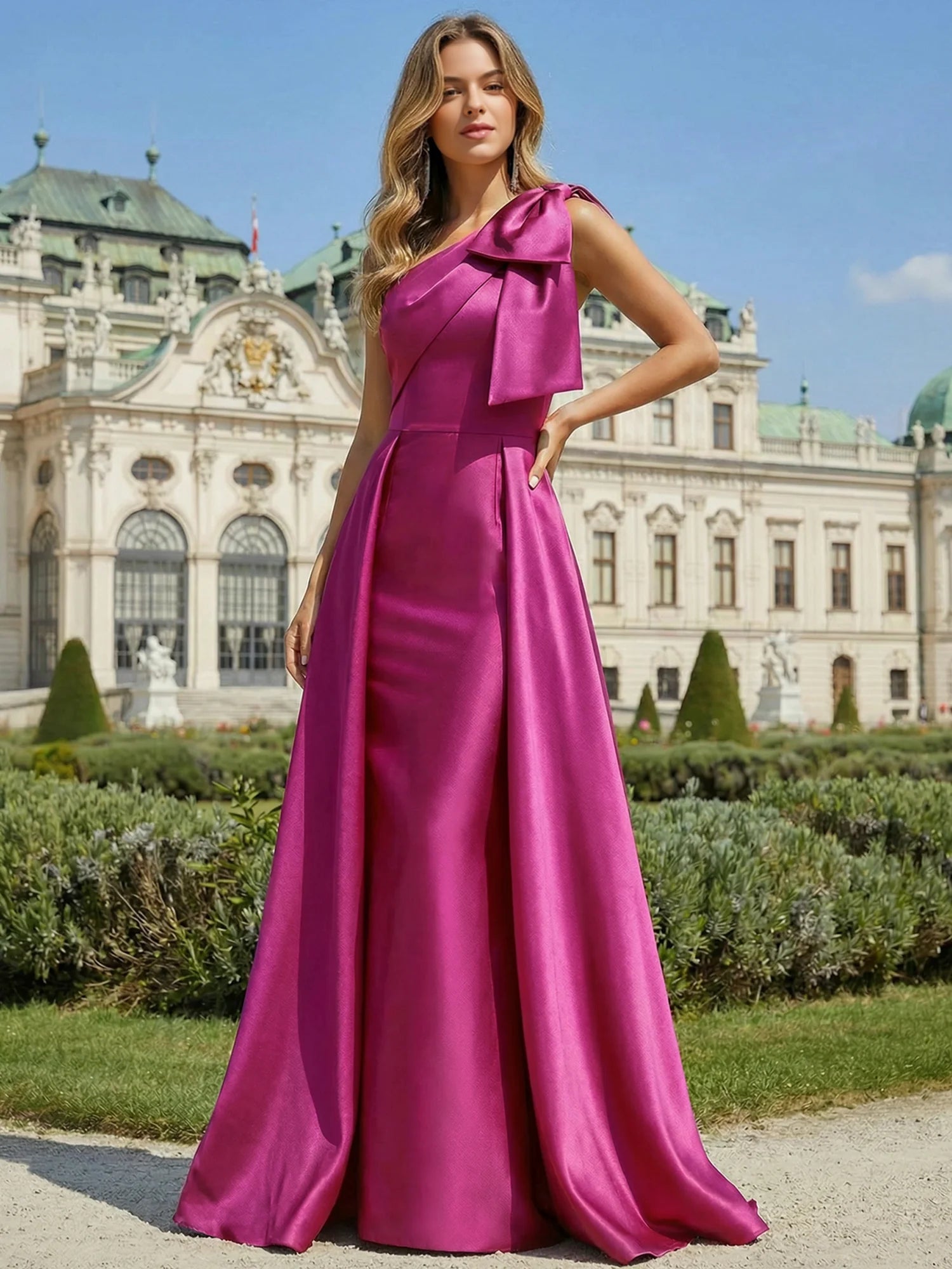 Polished Magenta A-Line One-Shoulder Sleeveless Satin Bow Formal Gown Prom Dress