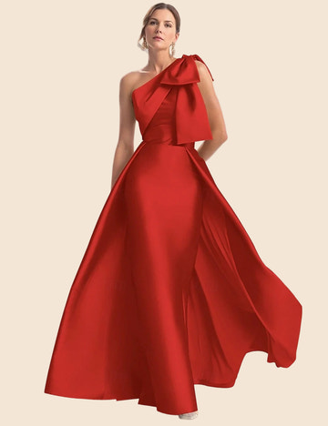 Polished Magenta A-Line One-Shoulder Sleeveless Satin Bow Formal Gown Prom Dress