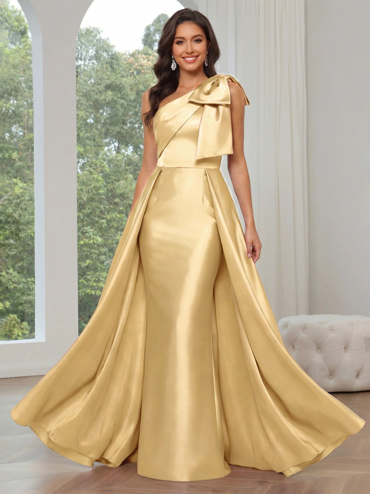Polished Magenta A-Line One-Shoulder Sleeveless Satin Bow Formal Gown Prom Dress