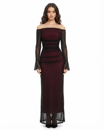 Burgundy wedding guest dress with black mesh overlay, off-shoulder neckline and sheer long sleeves by Vedress