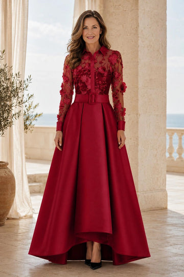 Burgundy A-line mother of the bride dress with 3D floral lace, collared neckline, sheer long sleeves, matching waist belt and high-low skirt, front view.