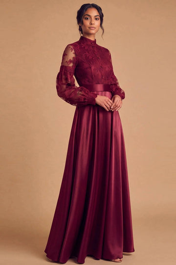 Burgundy A-line mother of the bride dress featuring a high collar, floral lace bodice, sheer long bishop sleeves, defined waistband, and floor-length skirt by Vedress.