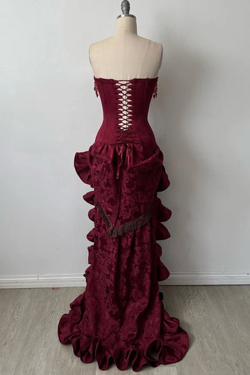 Burgundy prom dress with lace-up corset back and cascading ruffle train by Vedress