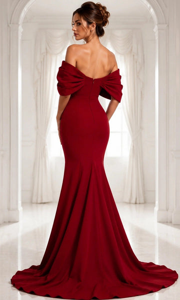 Burgundy mermaid evening dress with draped off shoulder sleeves center zipper back and sweeping floor length hem