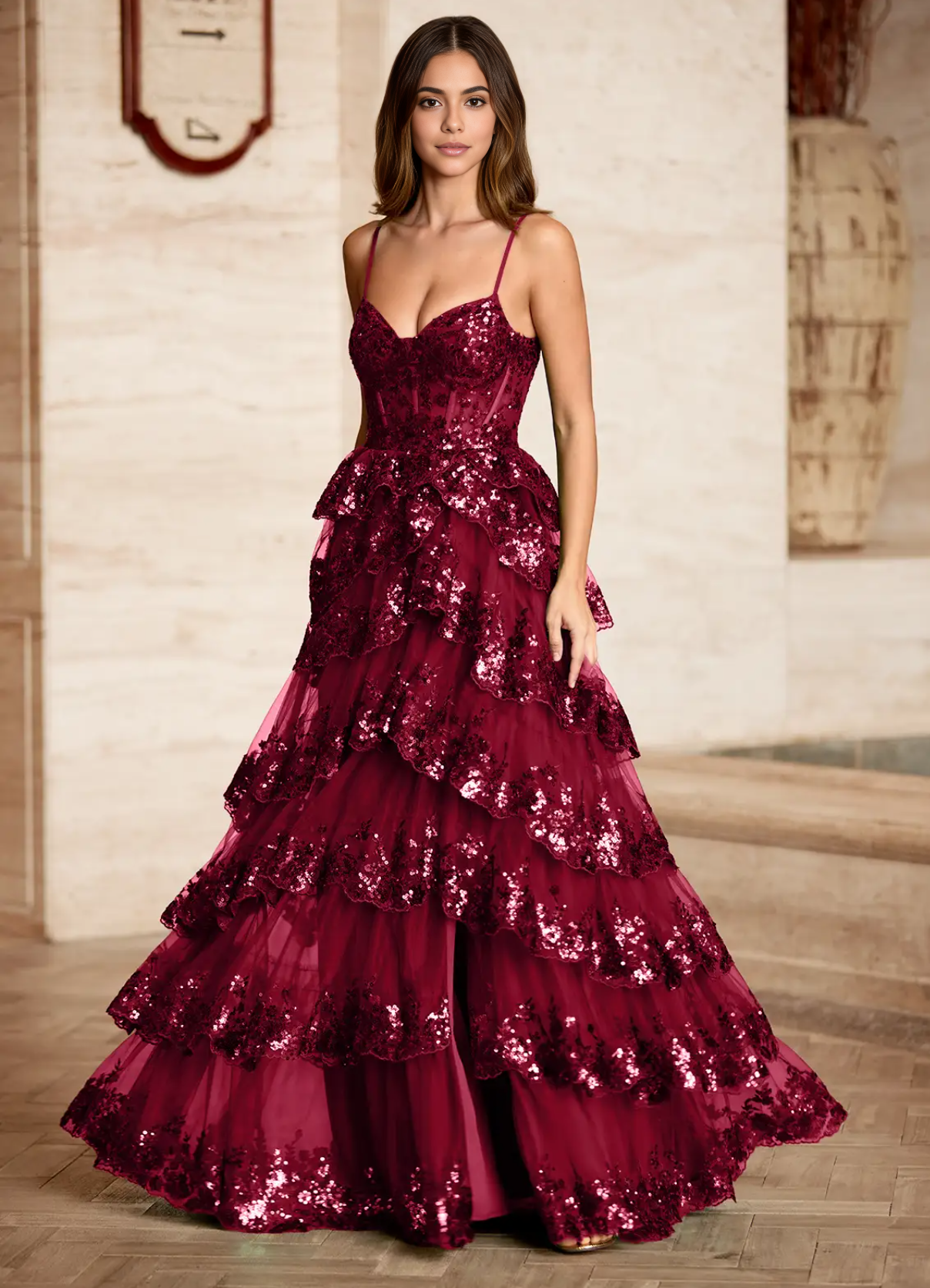 Black Statement A-Line Sweetheart Spaghetti Strap Sequin Tiered Ruffle Prom Gown