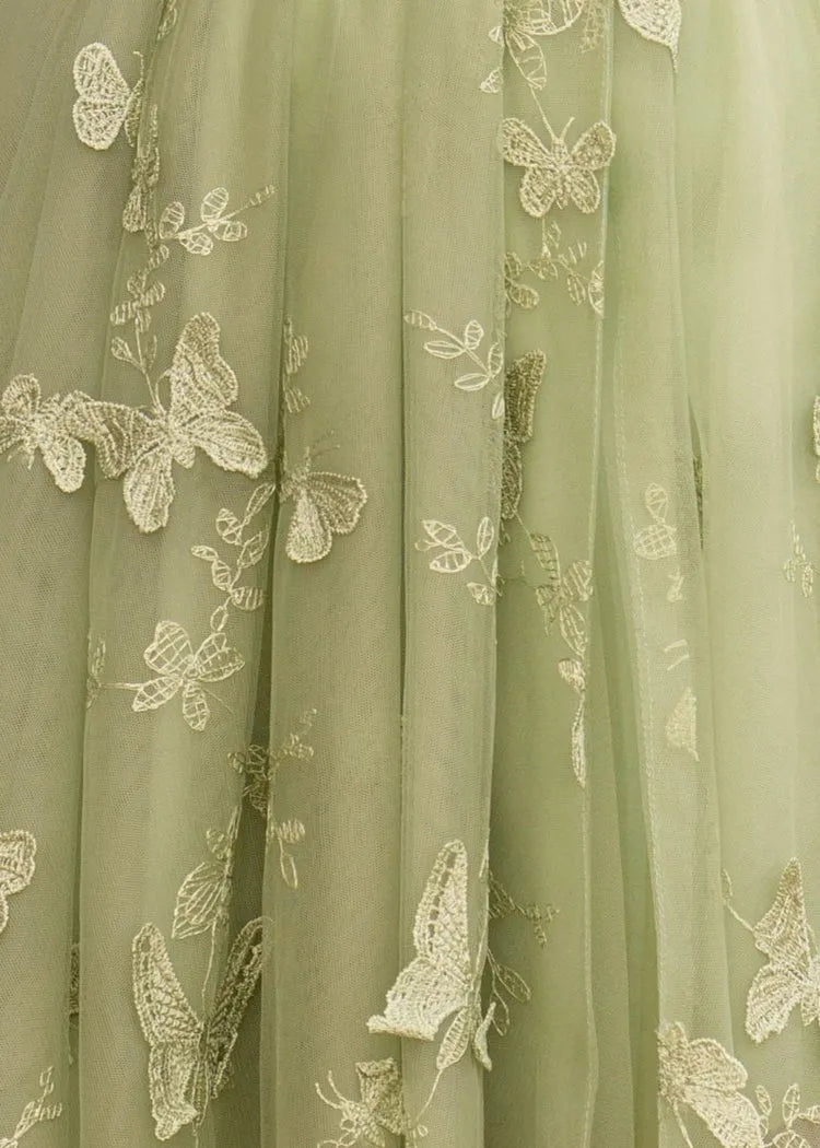 Romántico vestido de fiesta de corte A, princesa, escote corazón con aplicaciones de mariposas, largo hasta el suelo