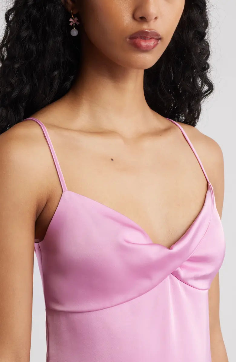 Chic Slip Cowl Neck Spaghetti Strap Satin Twist Homecoming Mini Dress