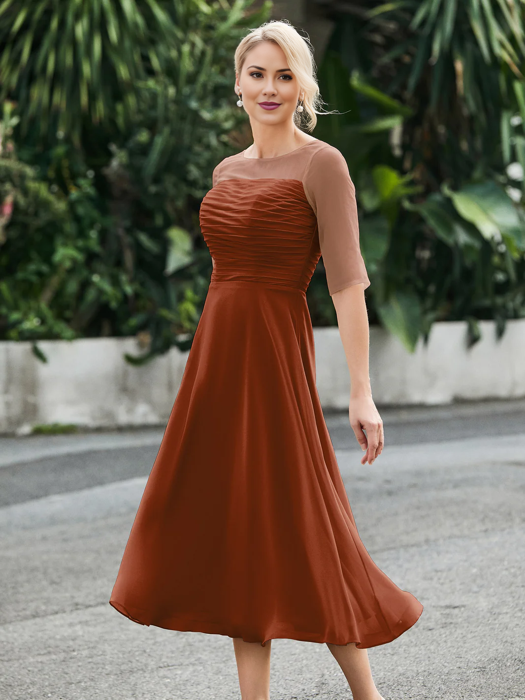 Midi Chiffon Mother of The Bride Dress, Illusion 3/4 Sleeve Ruched Bodice Tea Length Dress